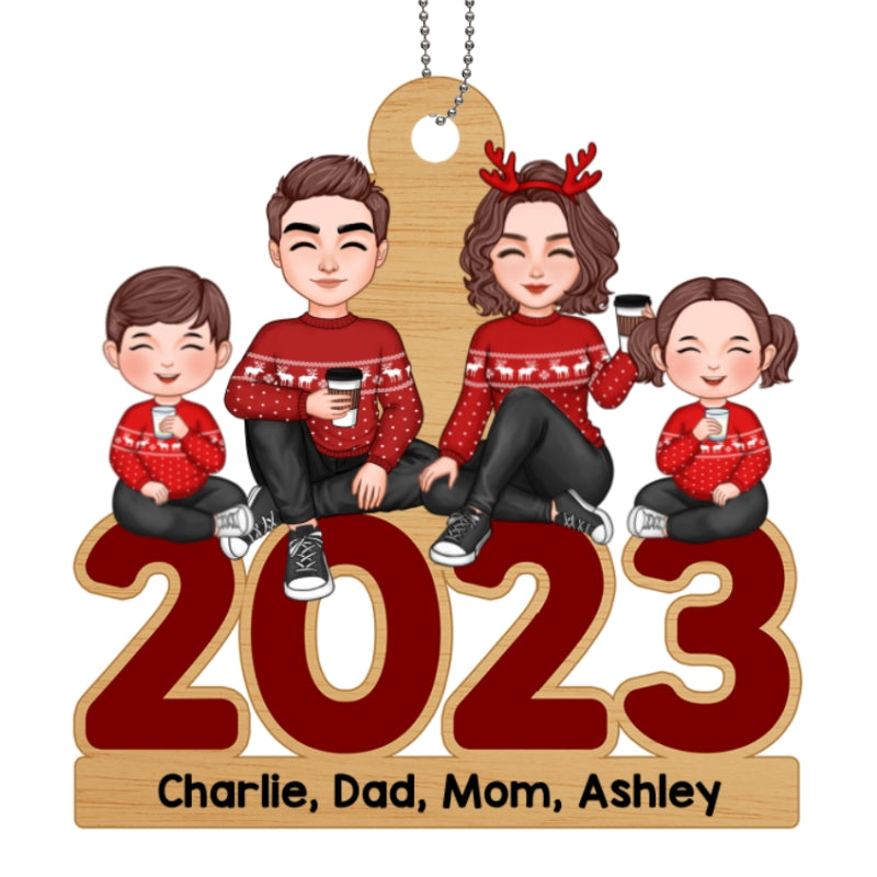Cute Family Dad Mom Kid Dog Cat Sitting On 2023 Personalized Wooden Ornament