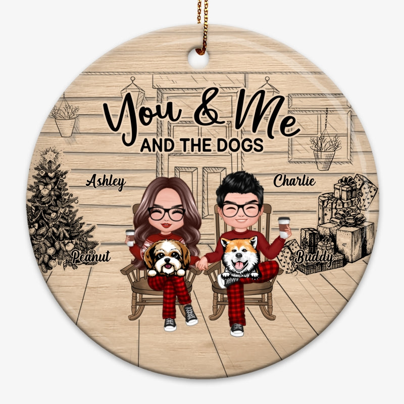 Couple And The Dogs Front Porch Personalized Christmas Circle Ornament