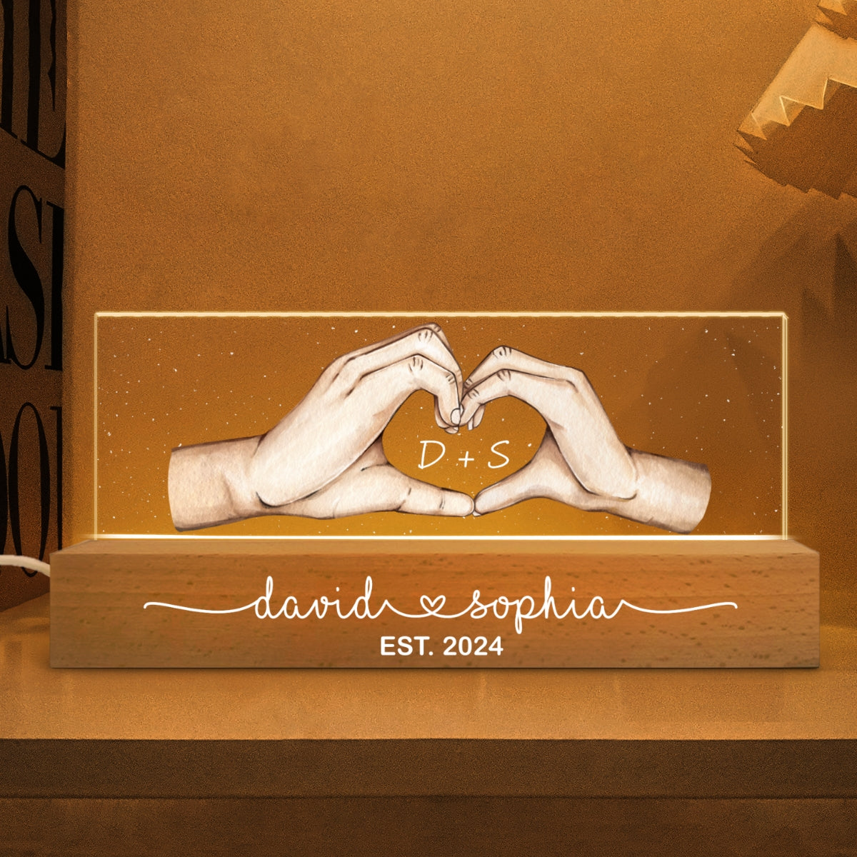 Couple Heart Hands Personalized Acrylic Block LED Night Light, Gift For Him, For Her, Boyfriend, Girlfriend, Husband, Wife
