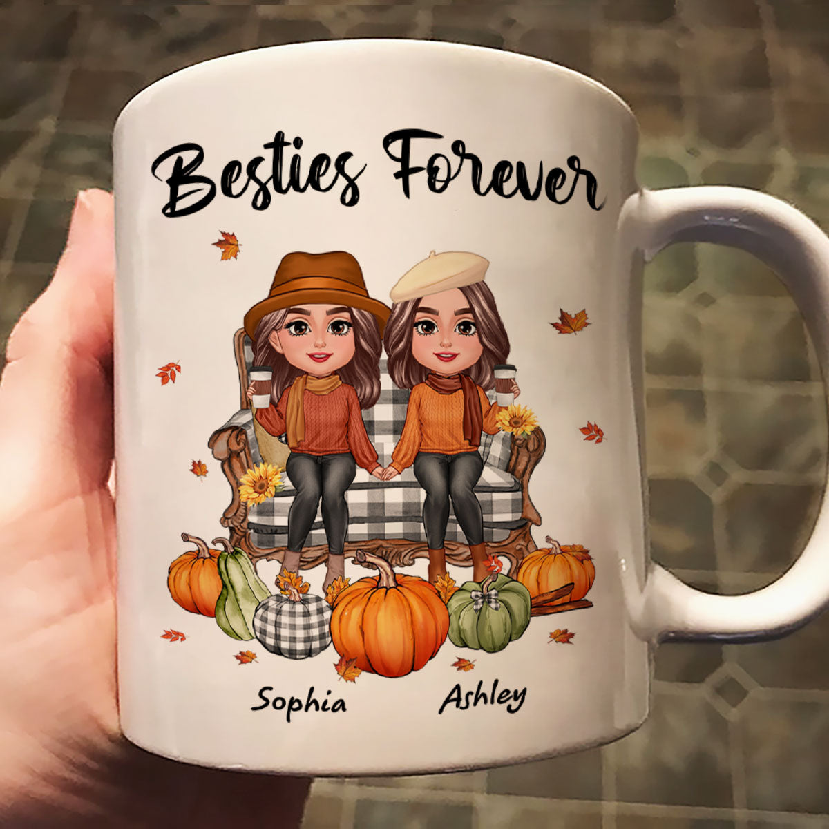 Fall Season Besties Sitting On Chair Personalized Mug