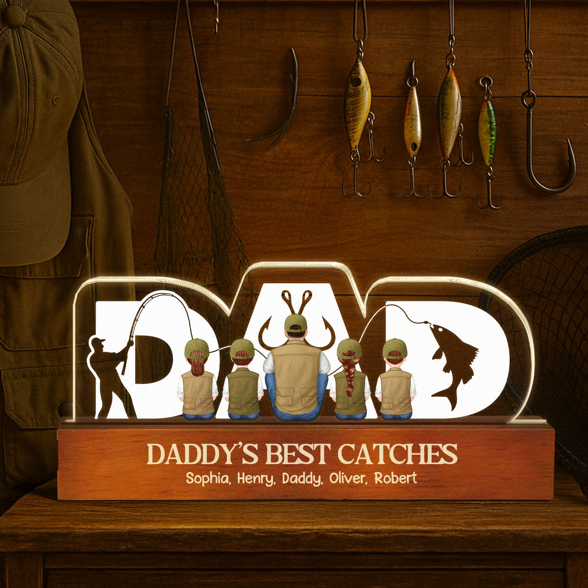 Fishing Dad Grandpa And Kids Back View Personalized Acrylic LED Night Light, Father's Day Gift for Dad, Gift for Husband