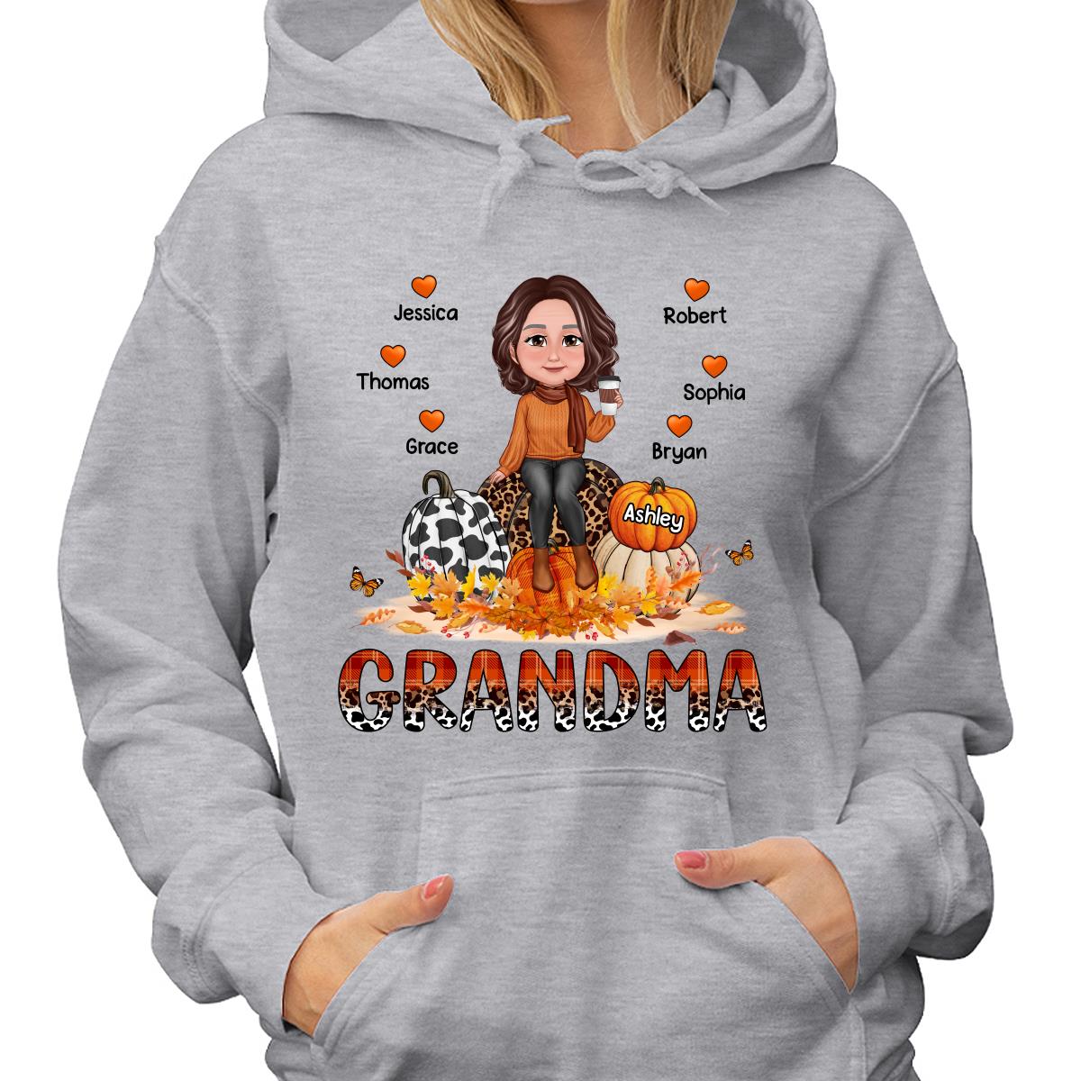 Grandma Mom Patterned Hearts Pumpkins Fall Season Personalized Shirt