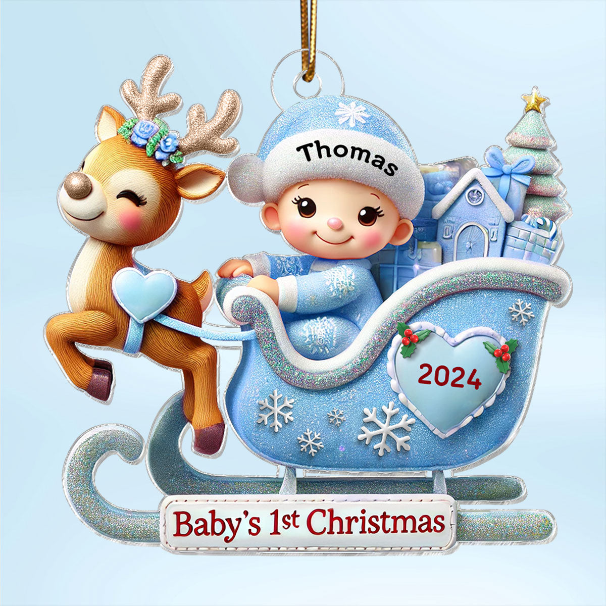 Baby First Christmas Newborn On Sleigh Keepsake - Personalized Acrylic Ornament