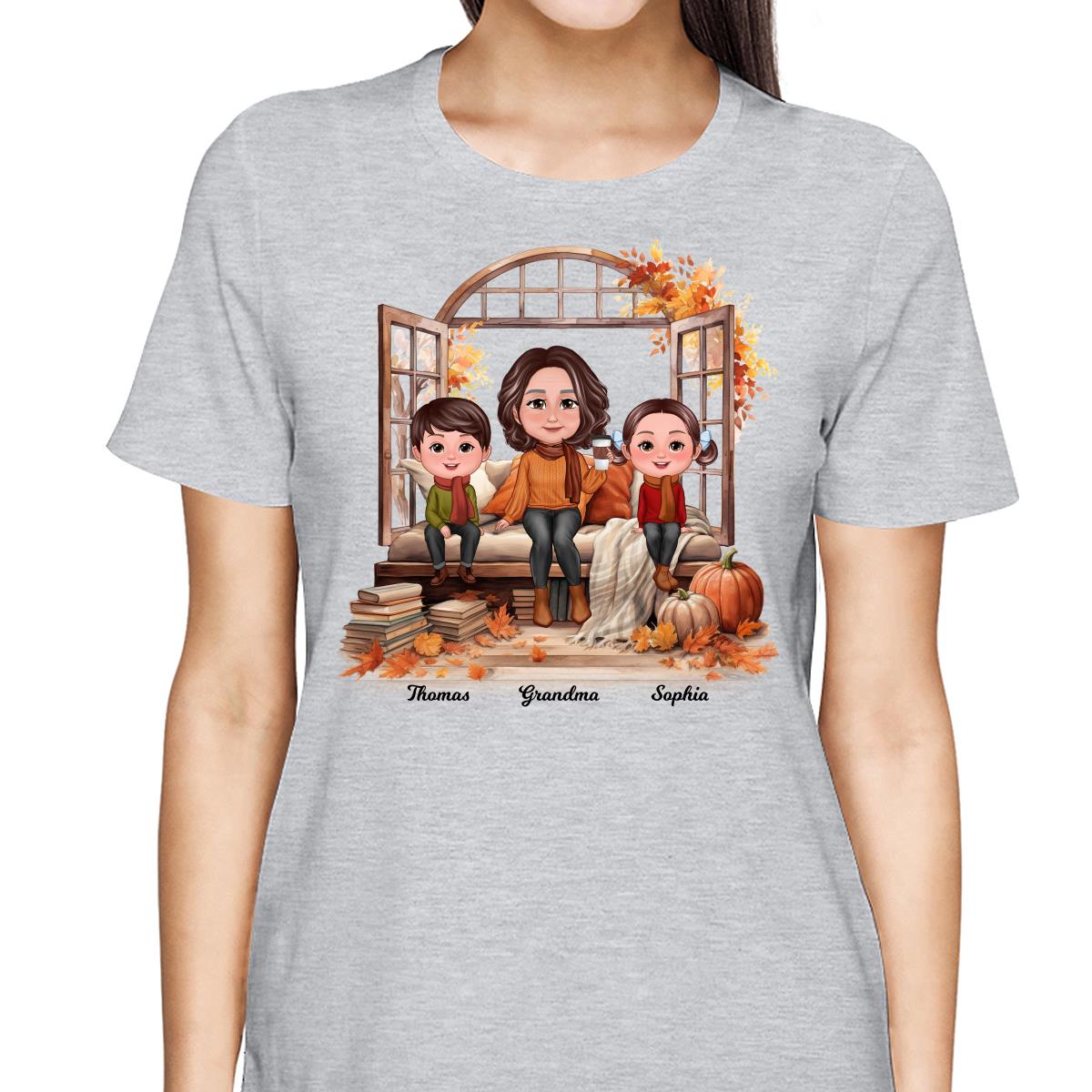 Grandma Grandkids Sitting On Sofa Cozy Fall Window Personalized Shirt