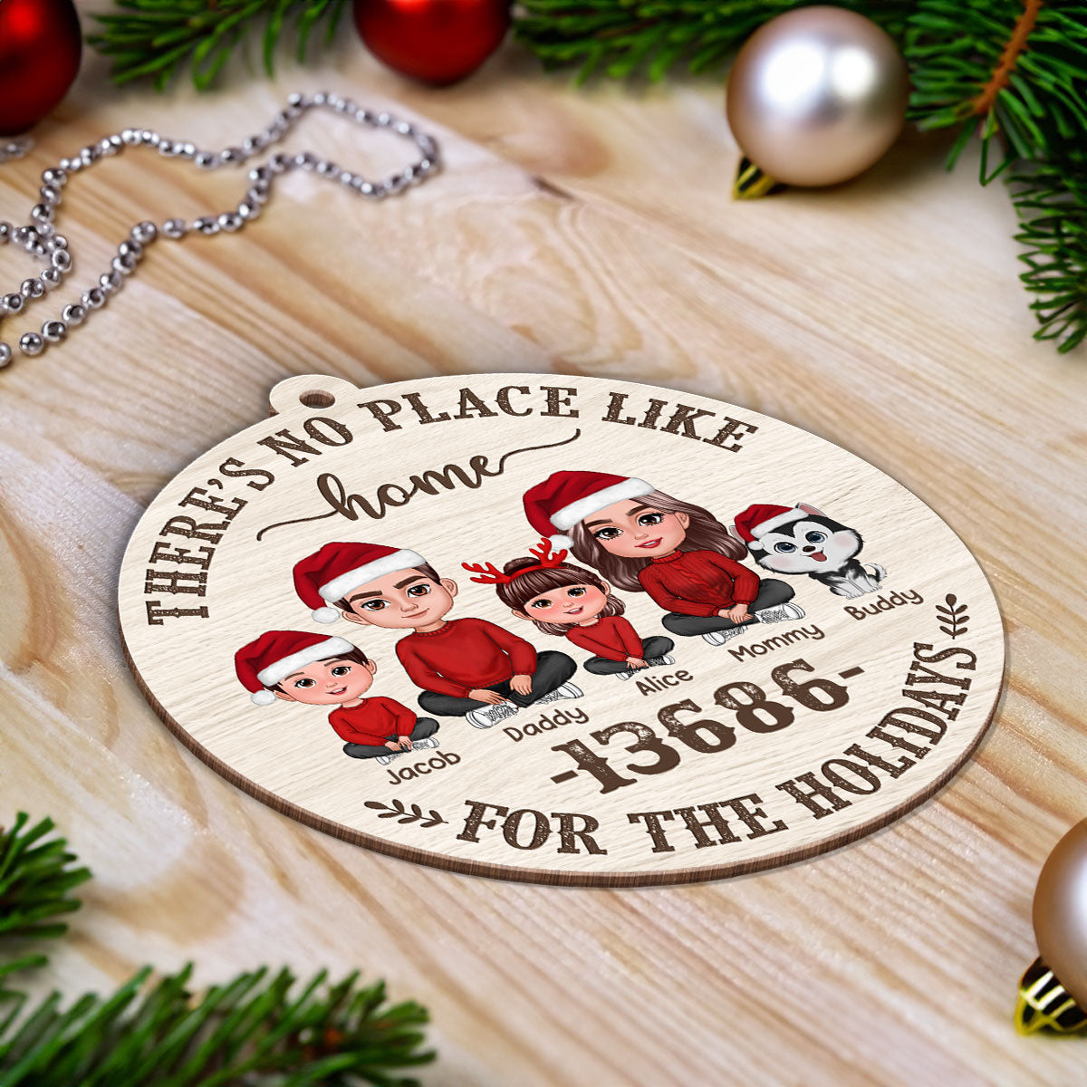No Place Like Home Zip Code Doll Family Personalized Wooden Ornament, Christmas gift for Family