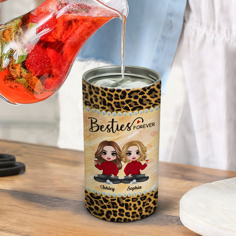 Leopard Pattern Doll Besties Sisters Sitting Personalized 4 In 1 Can Cooler
