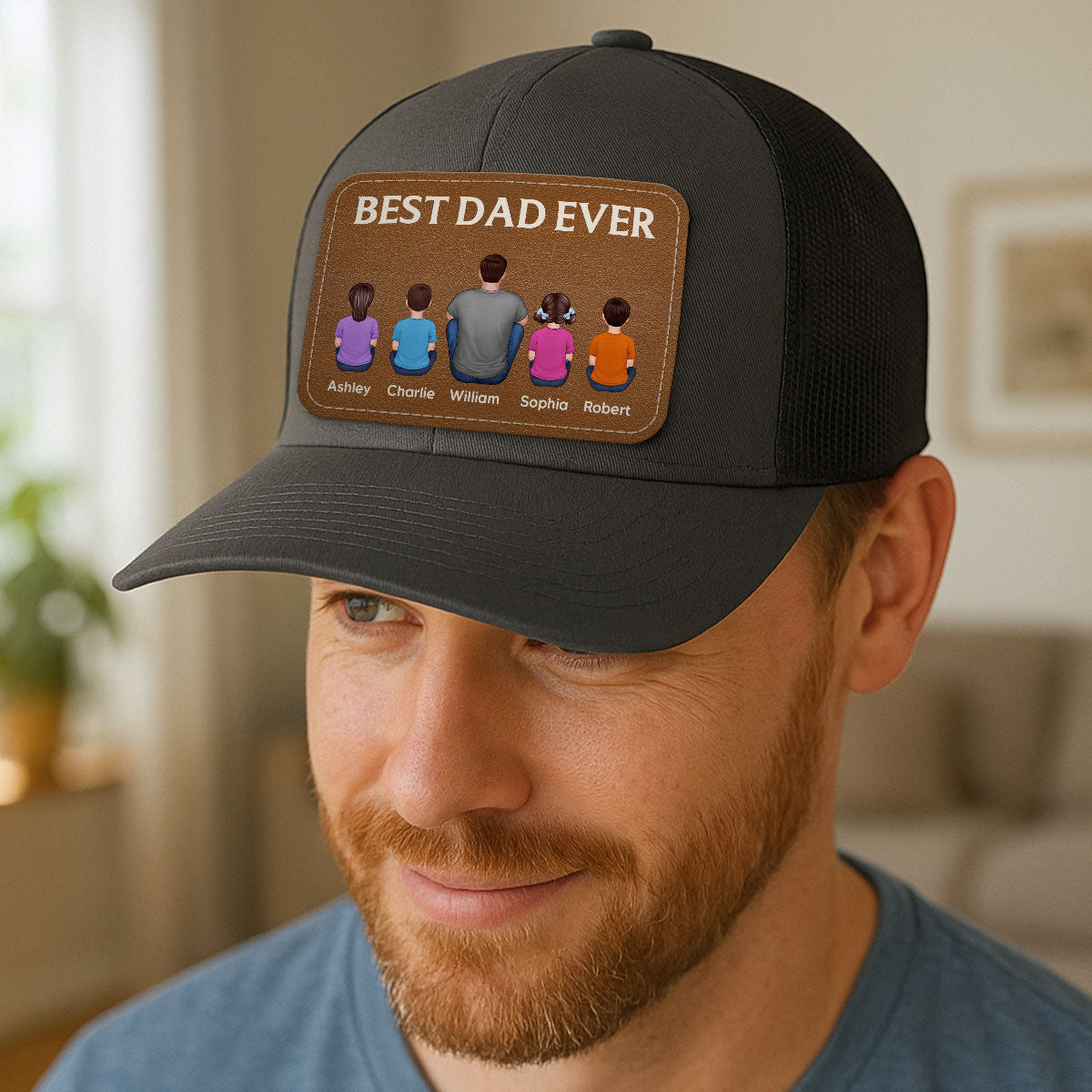 Best Dad Grandpa Ever Back View Sitting With Kids Personalized Leather Patch Hat