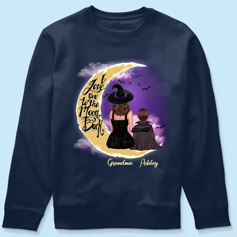 Halloween Mom Grandma Kids On Moon Back View Personalized Shirt
