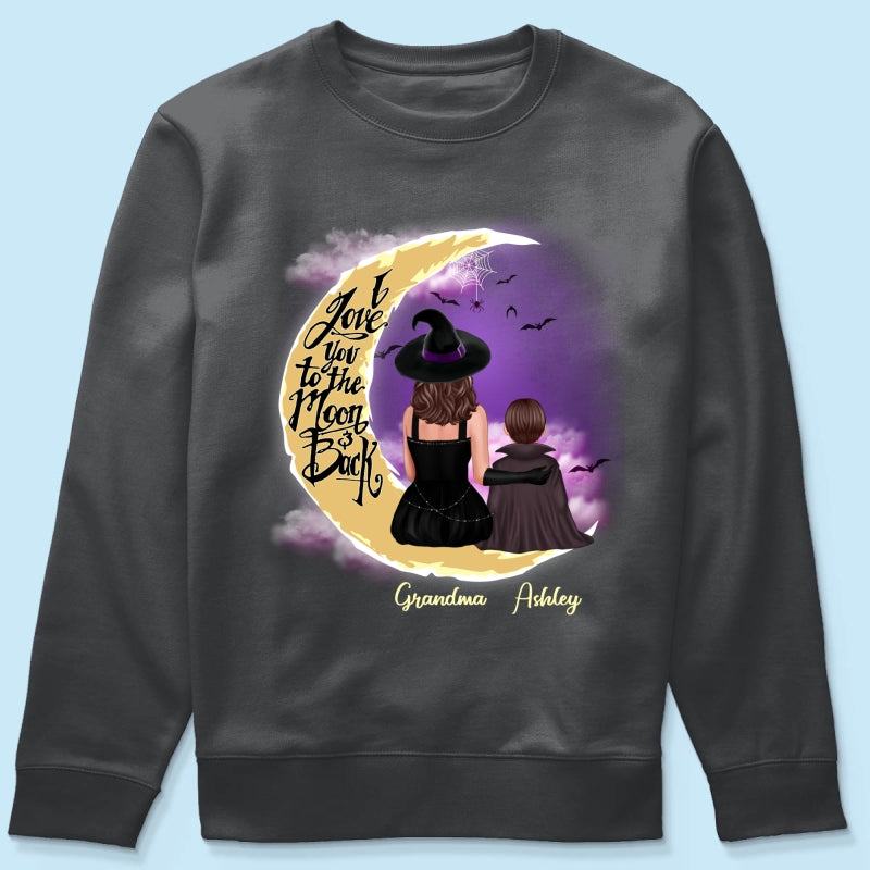 Halloween Mom Grandma Kids On Moon Back View Personalized Shirt