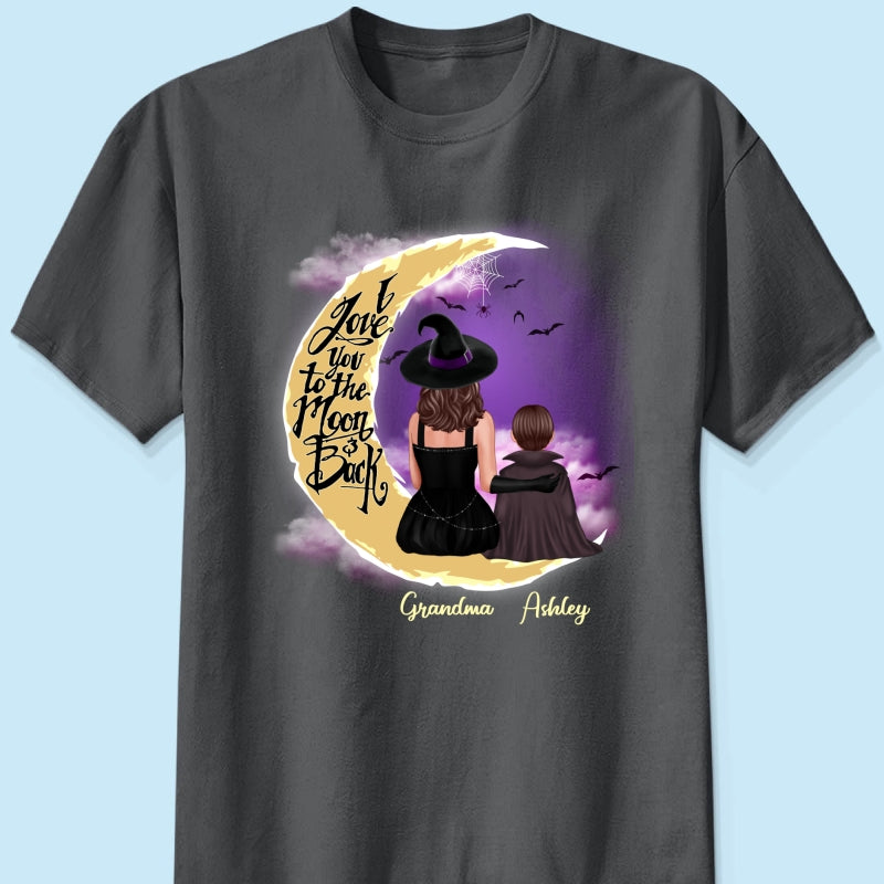 Halloween Mom Grandma Kids On Moon Back View Personalized Shirt