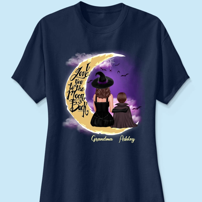 Halloween Mom Grandma Kids On Moon Back View Personalized Shirt