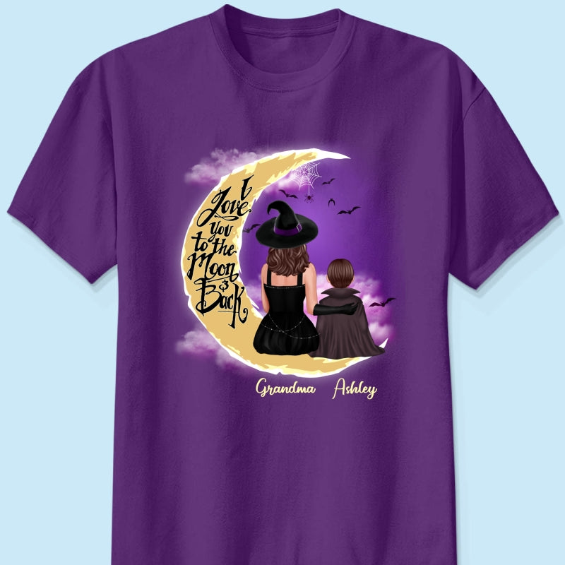 Halloween Mom Grandma Kids On Moon Back View Personalized Shirt