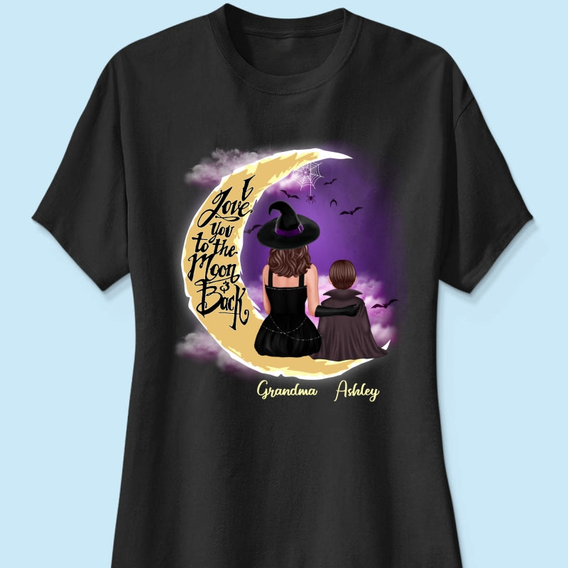 Halloween Mom Grandma Kids On Moon Back View Personalized Shirt