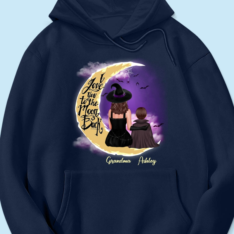 Halloween Mom Grandma Kids On Moon Back View Personalized Shirt