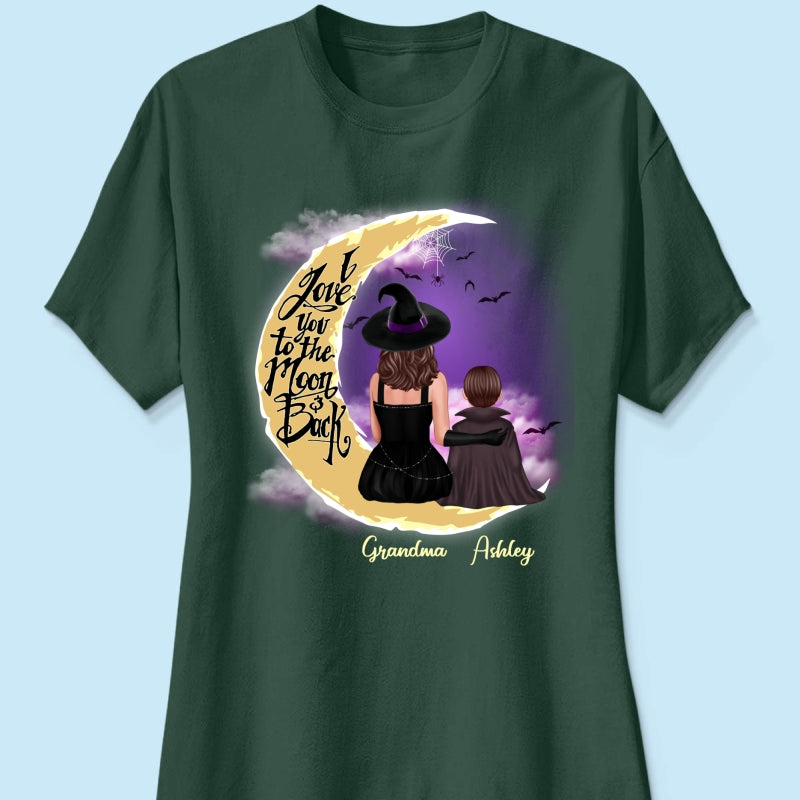 Halloween Mom Grandma Kids On Moon Back View Personalized Shirt