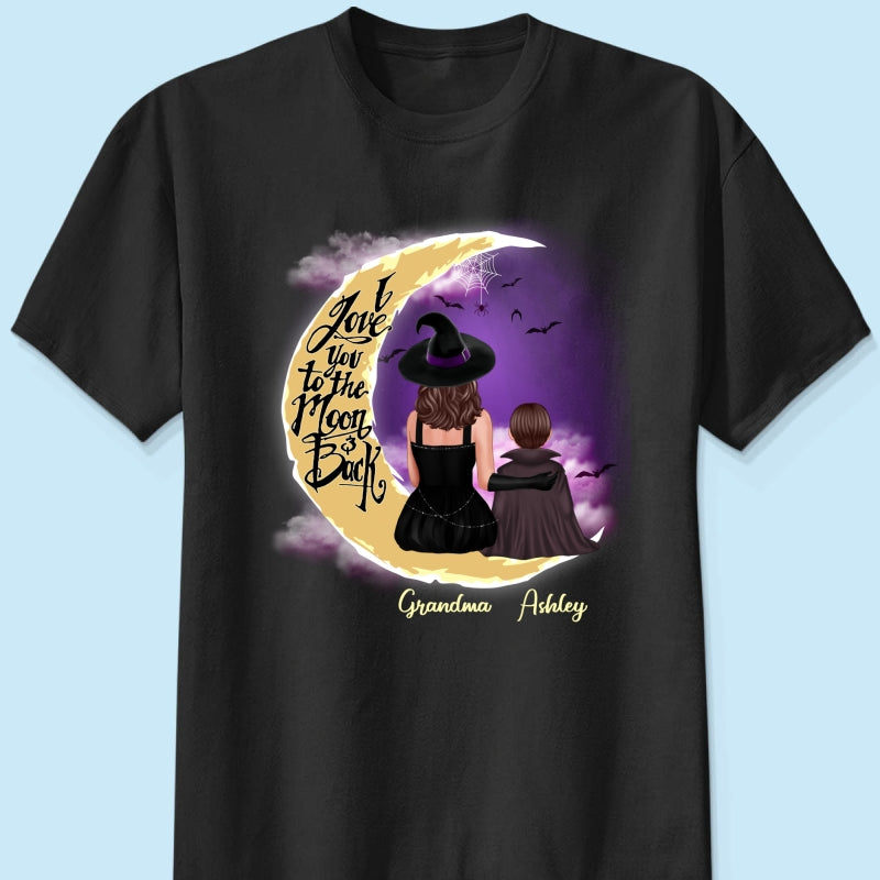 Halloween Mom Grandma Kids On Moon Back View Personalized Shirt