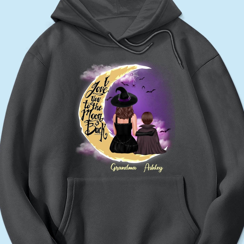 Halloween Mom Grandma Kids On Moon Back View Personalized Shirt