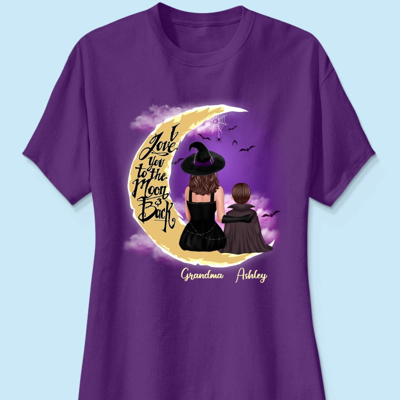 Halloween Mom Grandma Kids On Moon Back View Personalized Shirt