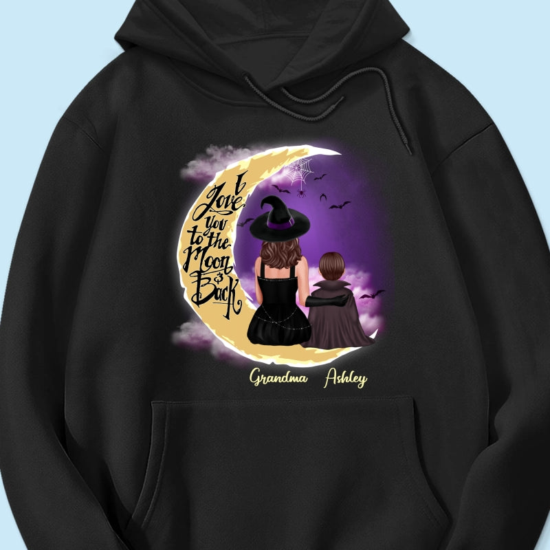 Halloween Mom Grandma Kids On Moon Back View Personalized Shirt