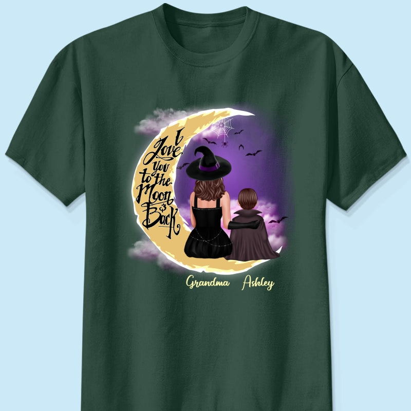Halloween Mom Grandma Kids On Moon Back View Personalized Shirt