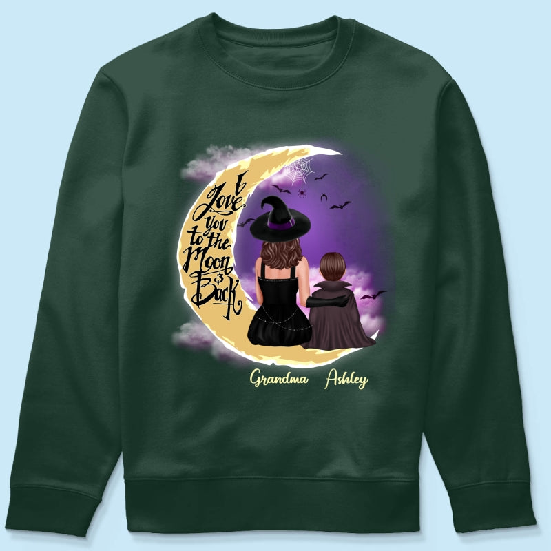 Halloween Mom Grandma Kids On Moon Back View Personalized Shirt