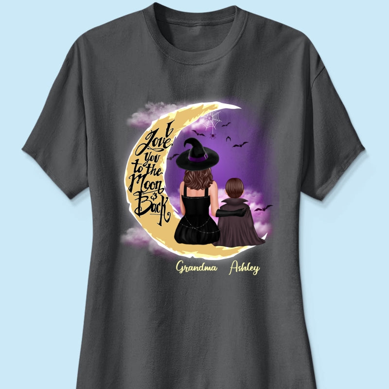 Halloween Mom Grandma Kids On Moon Back View Personalized Shirt