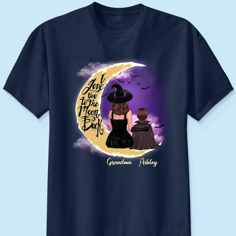 Halloween Mom Grandma Kids On Moon Back View Personalized Shirt