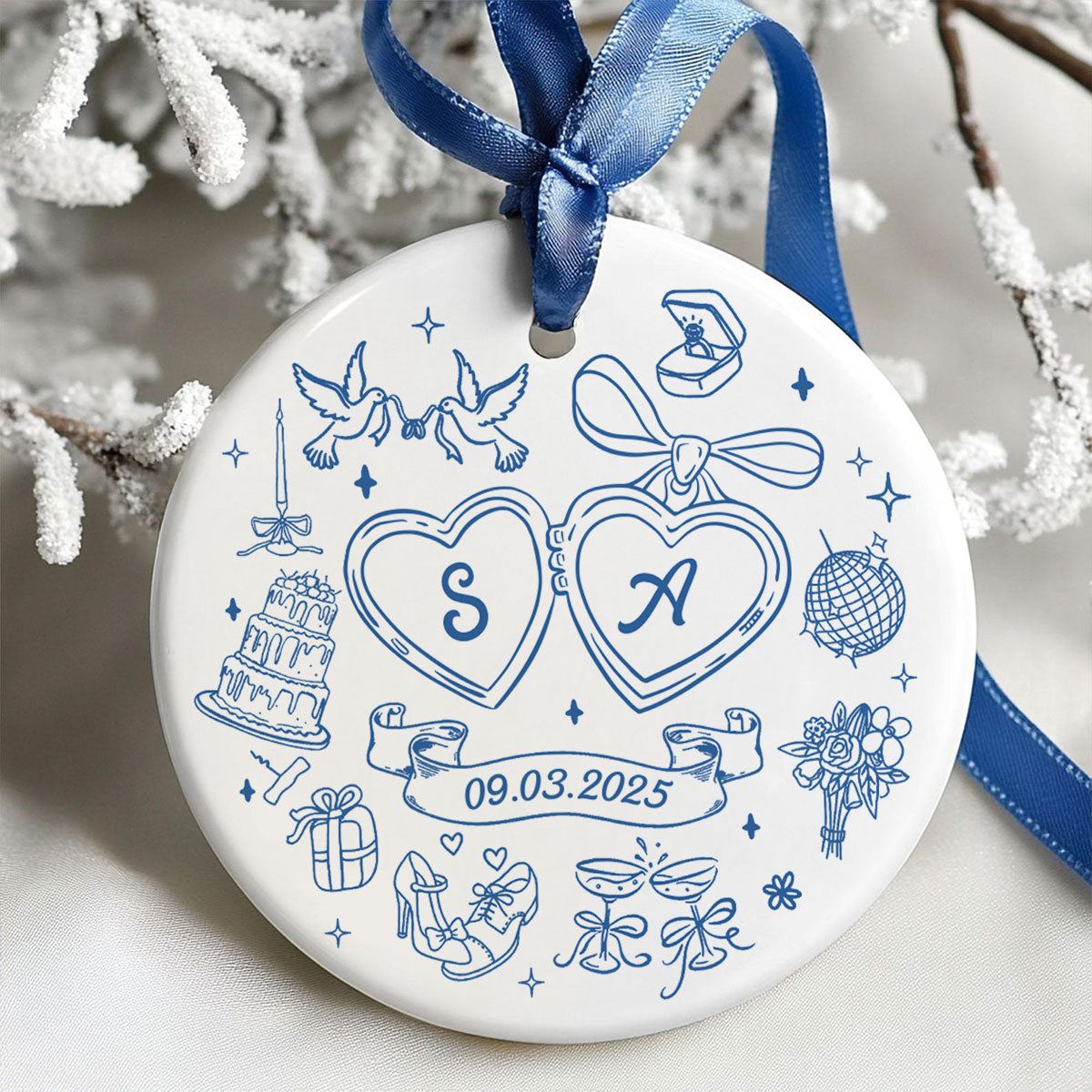 Couple Initials Locket Coquette Doodle Personalized Ceramic Ornament, First Christmas Gift, Married, Engagement Gift for Couples