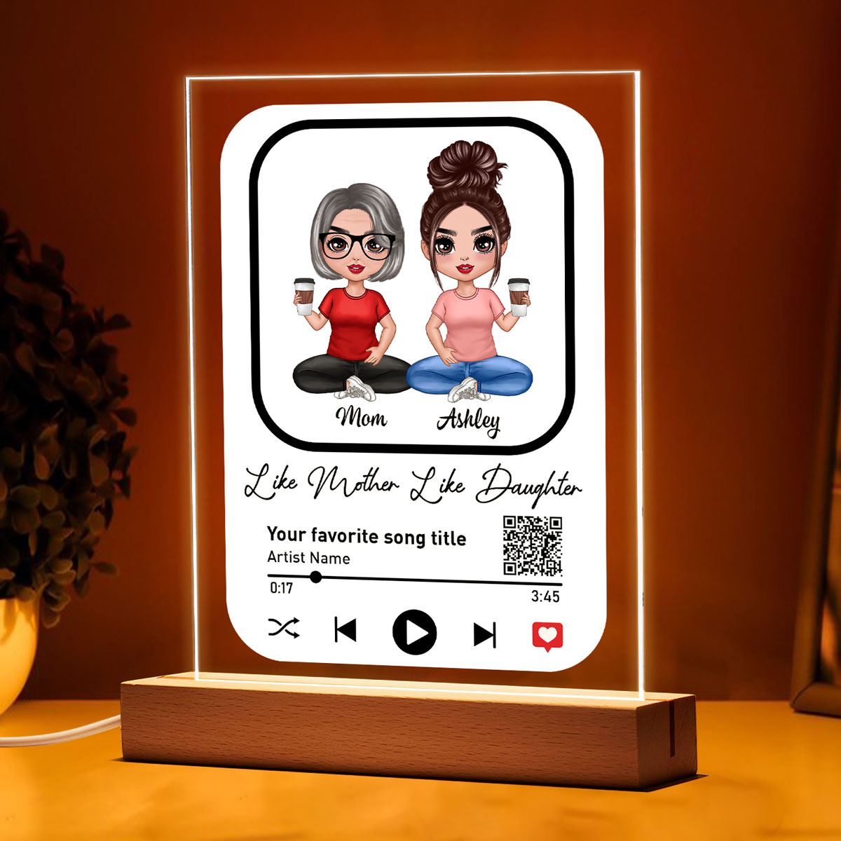 Like Mother Like Daughters Doll Mom And Daughters Sitting Favorite Song Scannable QR Code Personalized Rectangle Acrylic Plaque LED Night Light