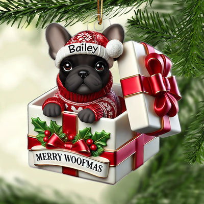 Cute Frenchie Inside Red Gift Box Personalized 2D Flat Acrylic Ornament, Christmas Gift for Dog Lovers