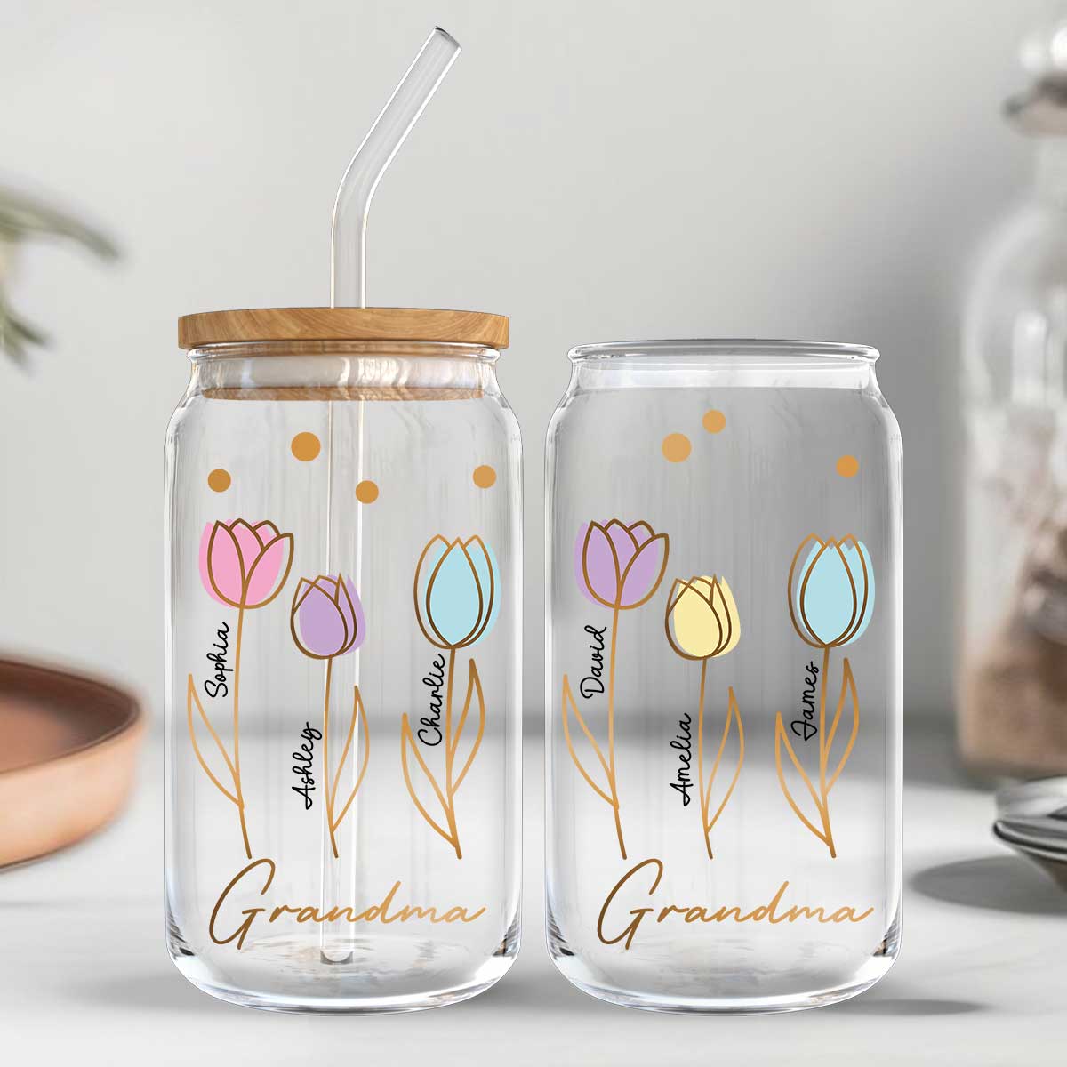 Grandma Mom Auntie Tulip Flowers Kids Names Personalized Clear Glass Can