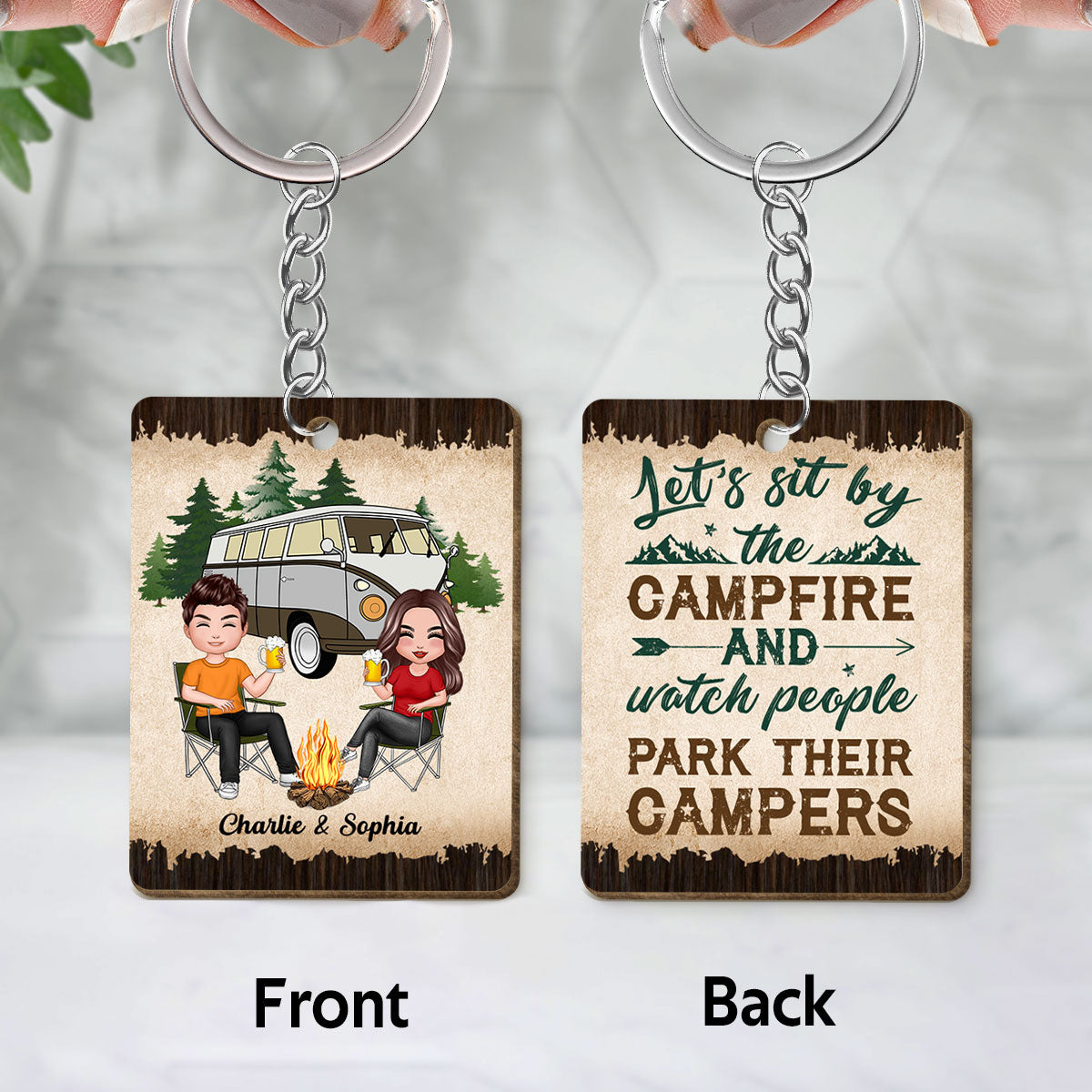 Let‘s Sit By The Campfire Camping Couple Personalized Wooden Keychain