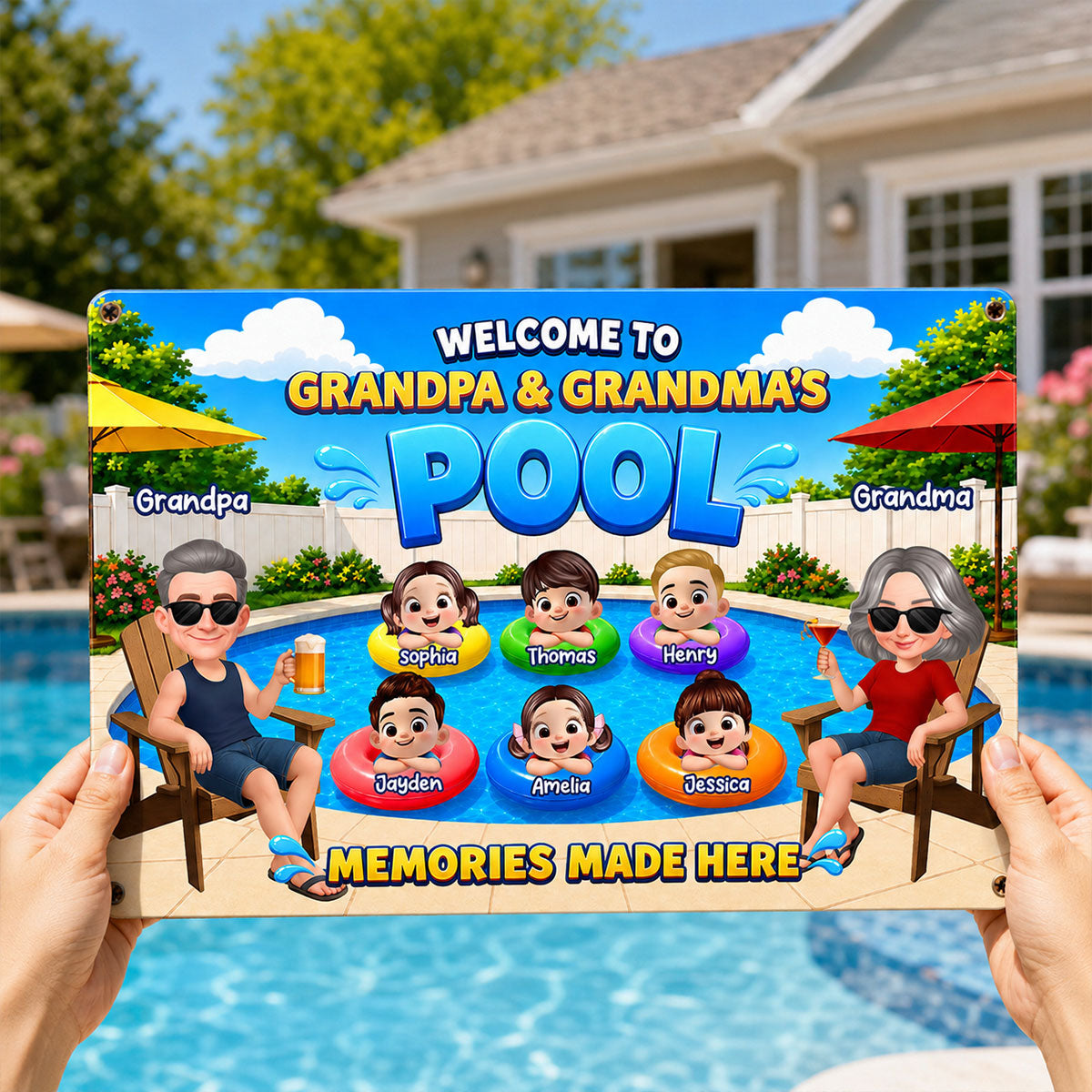 Welcome To Grandma Grandpa Pool Summer - Personalized Metal Sign - Gift For Grandparents, Summer Decoration