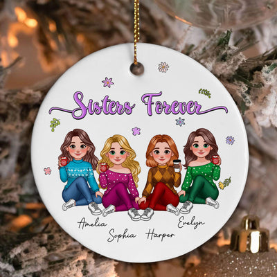 Animated Sisters Forever Floral Personalized Ceramic Ornament, Christmas Gift For Sisters, Best Friends