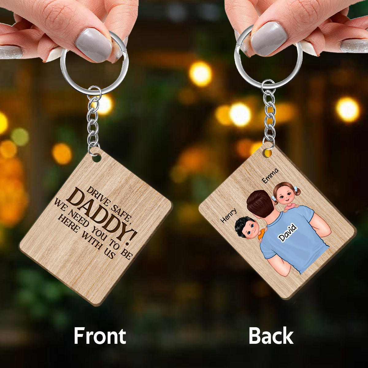 Best Dad Ever Kids On Dad Shoulders Personalized Wooden Keychain