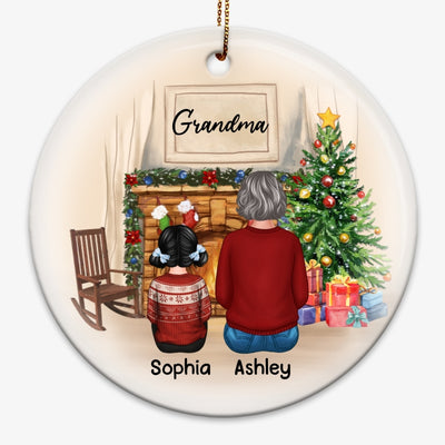 Back View Grandma And Grandkids Sitting At Fireplace Personalized Circle Ornament