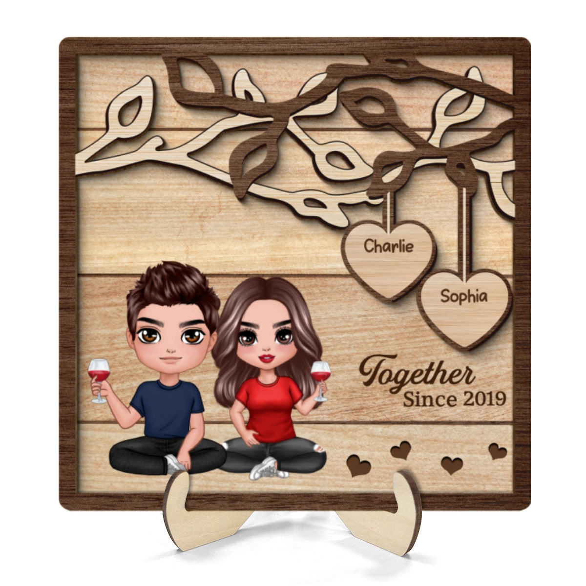 Doll Couple Sitting Under Tree Personalized 2-Layer Wooden Plaque
