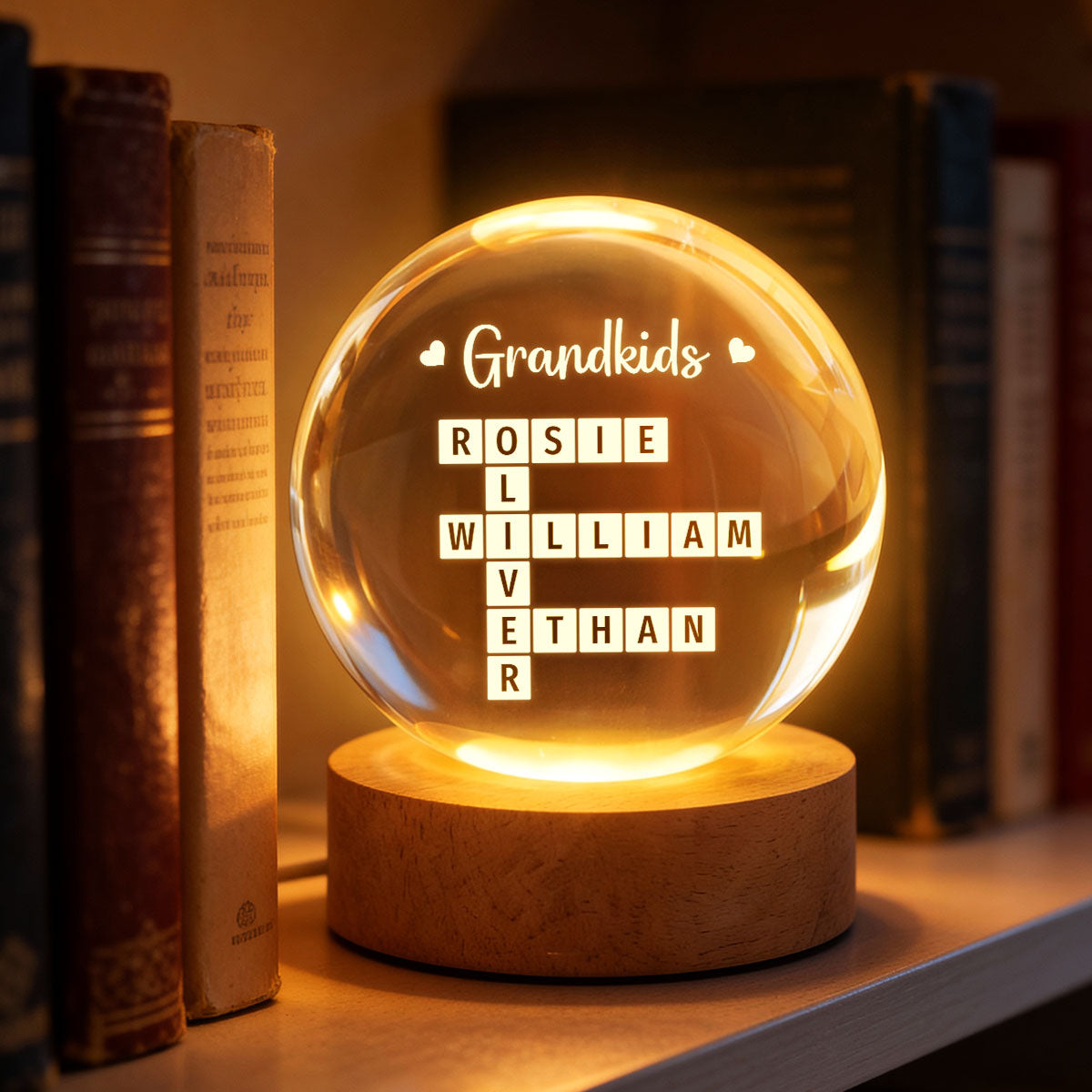 Grandkids Crossword Puzzle Art - Personalized Crystal Ball LED Night Light - Heartfelt Gift For Grandma, Gift For Mom