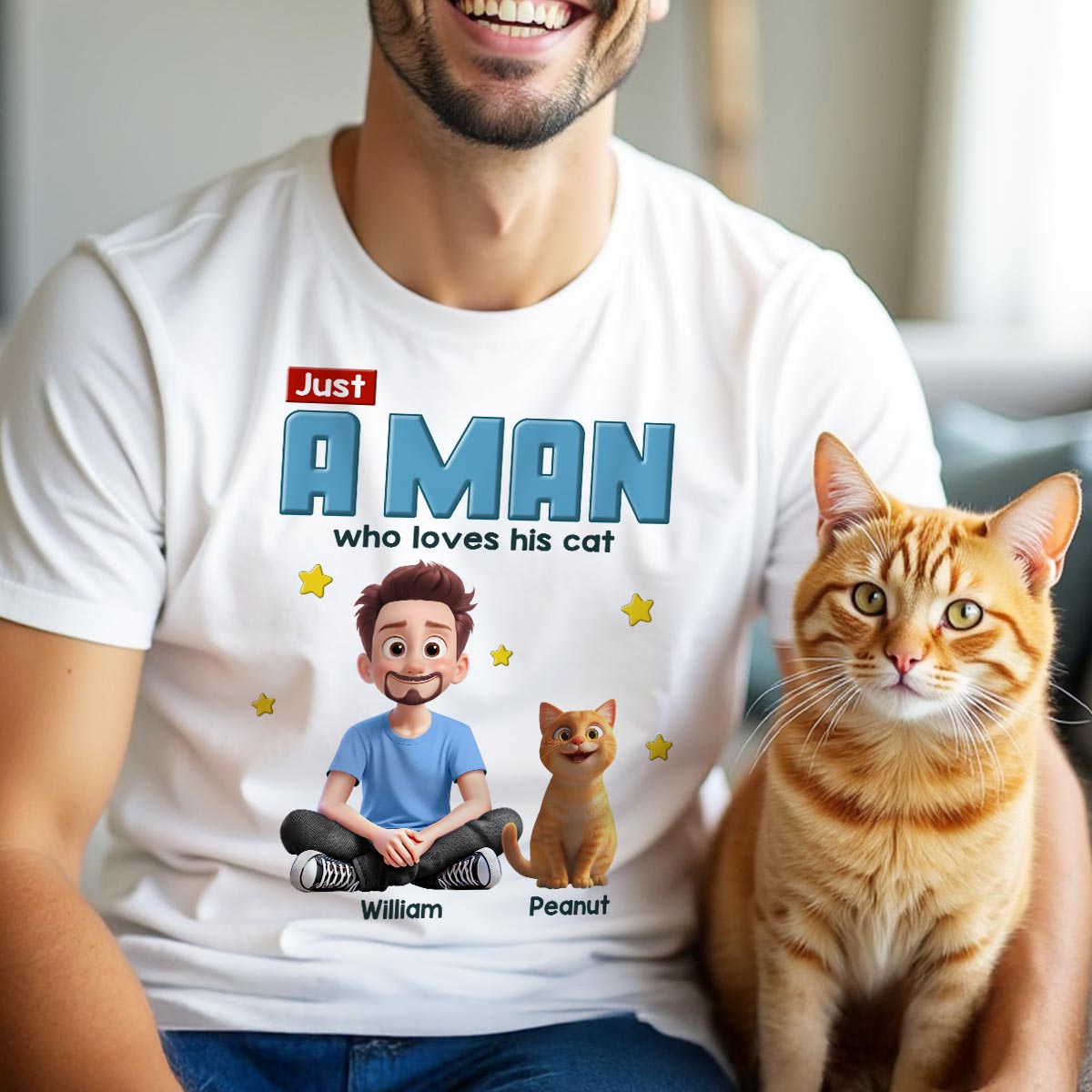 Just A Man Who Loves His Cat Cartoon Funny Cats Personalized Shirt, Birthday Gift, Father's Day Gift For Cat Dad