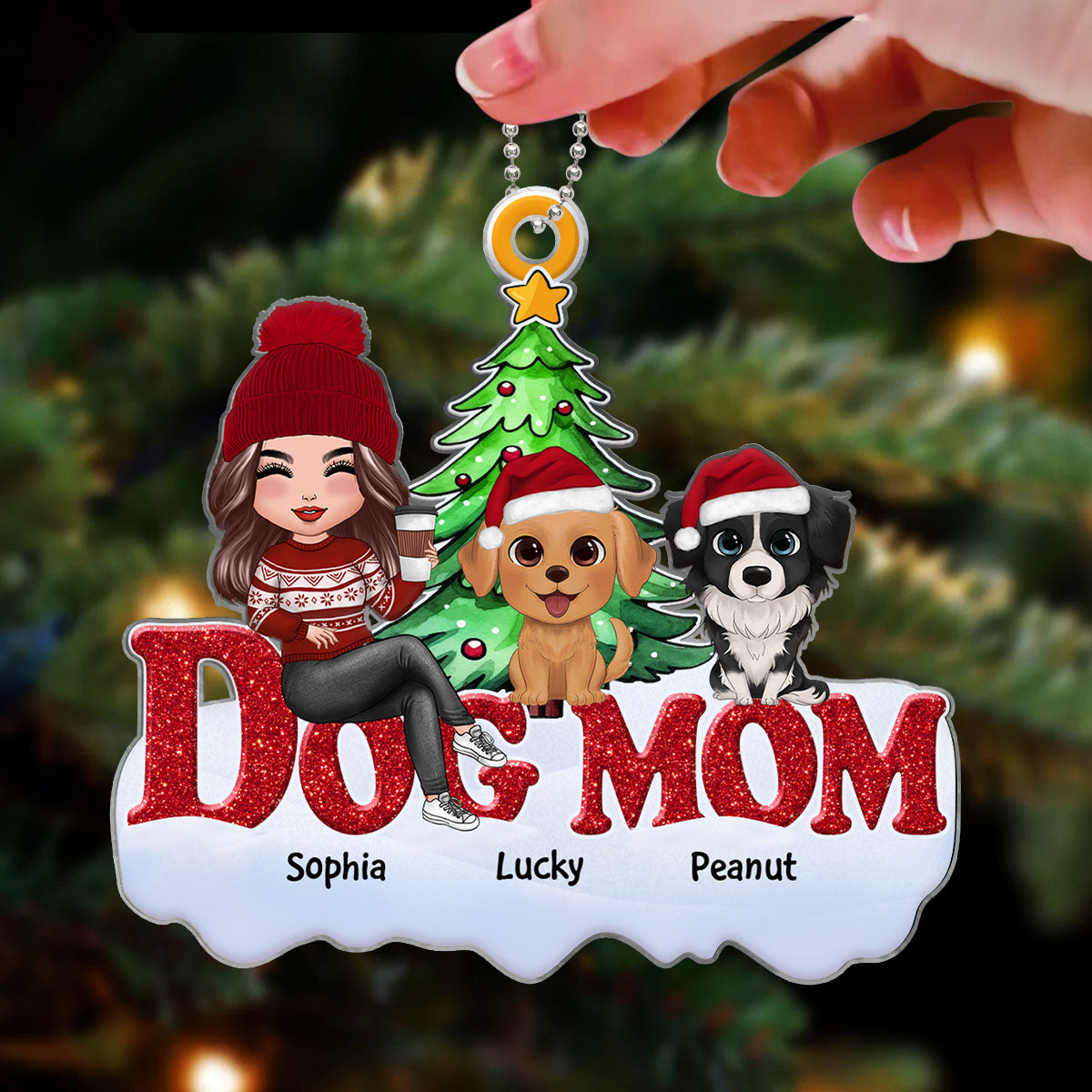 Funny Dogs Cartoon And Dog Mom Sitting On Word Personalized Acrylic Ornament