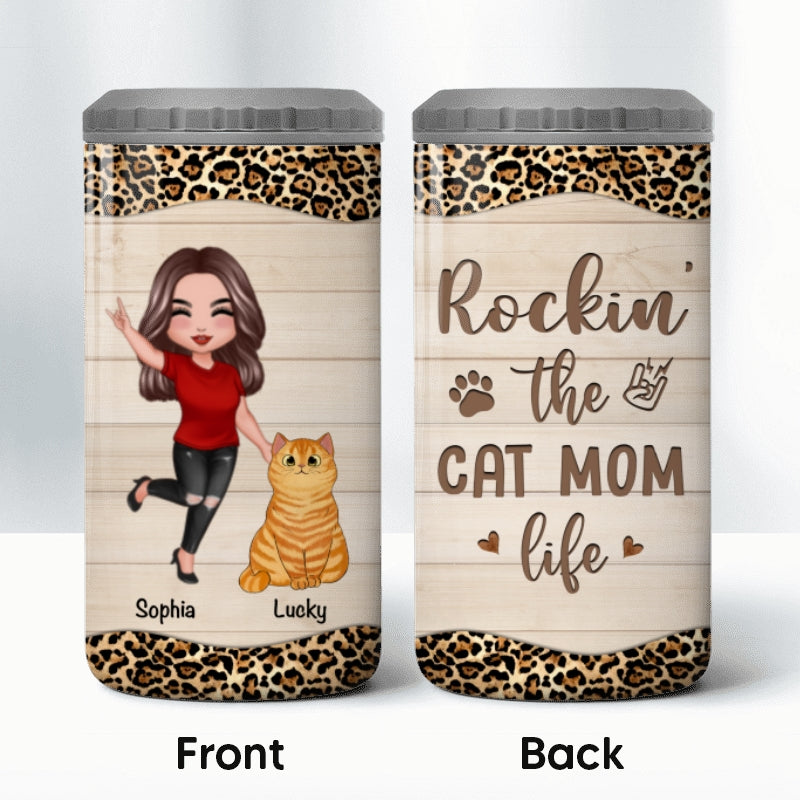 Rockin‘ Cat Mom Life Personalized Multi-Use Tumbler, 4 In 1 Can Cooler, Gift For Cat Mom