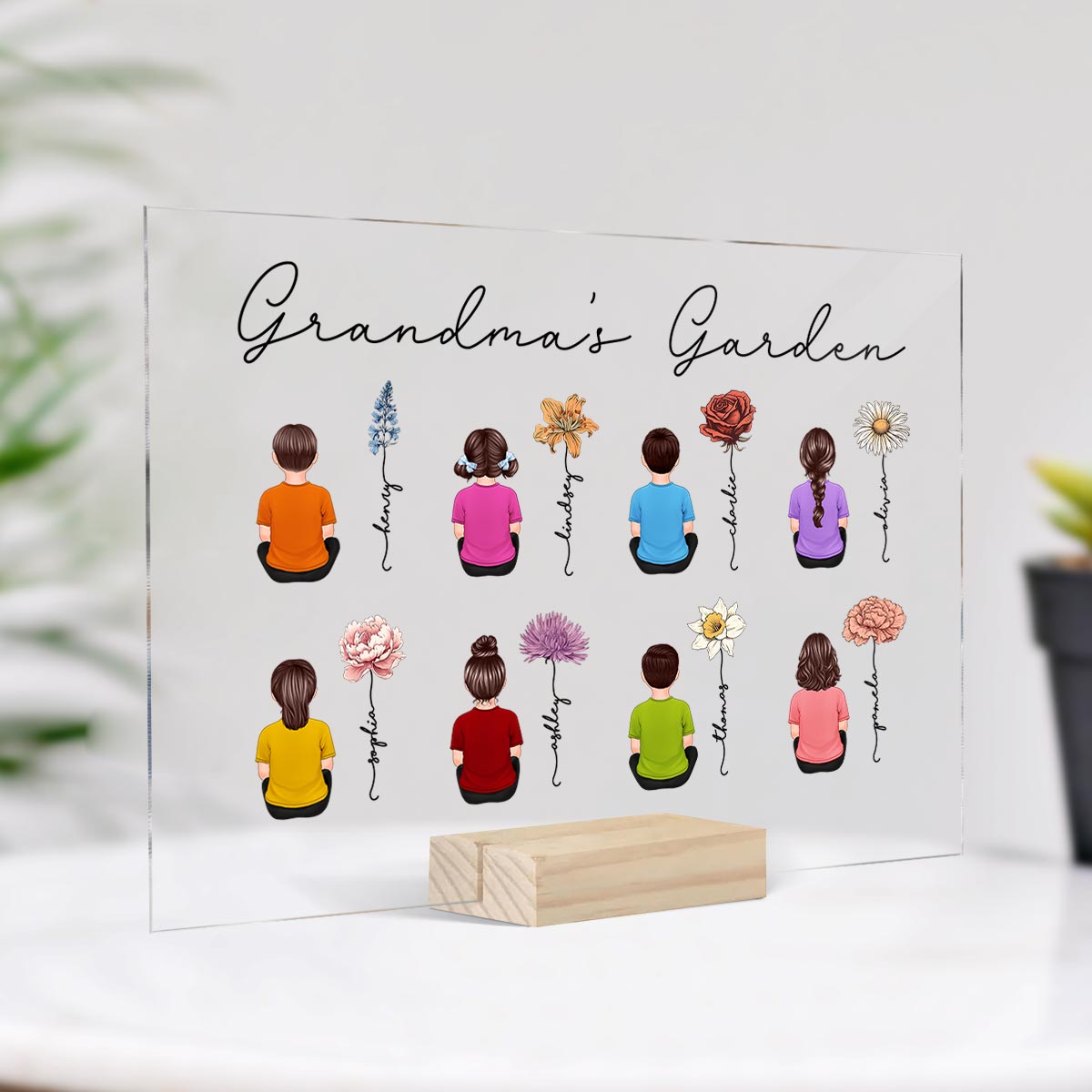 Grandkids Sitting Grandma Garden Vintage Birth Month Flowers Mother‘s Day Gift Personalized Acrylic Plaque