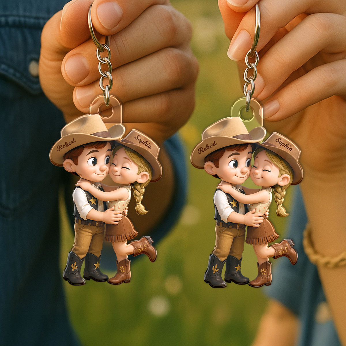 Cartoon Style Countryside Couple Cowboy Cowgirl Couple Matching Personalized Acrylic Keychain