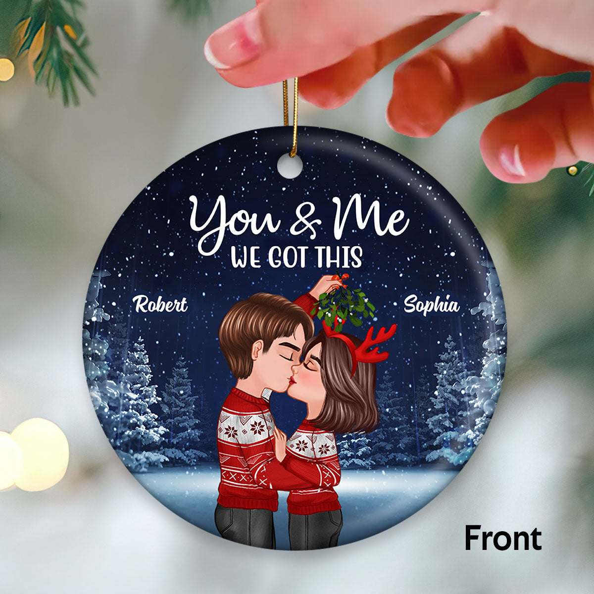 Couple Kissing Under Mistletoe Christmas Night Anniversary Date Calendar Personalized Double Sided Circle Ornament
