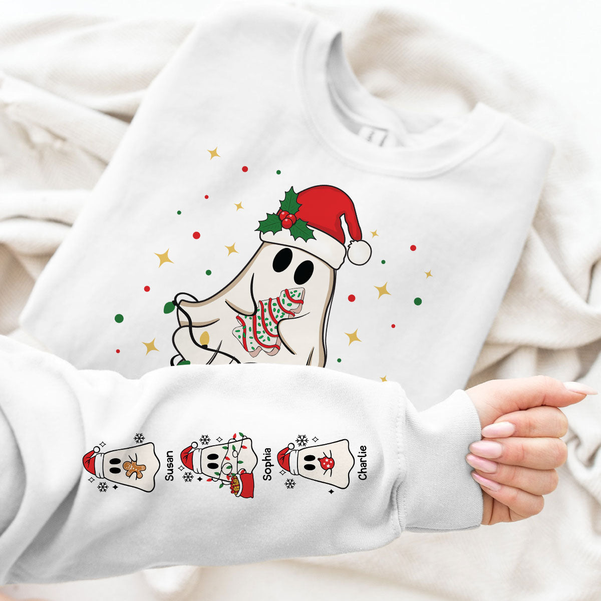 Christmas Cute Boo Grandma Grandkids Personalized Sleeve Printed Sweatshirt