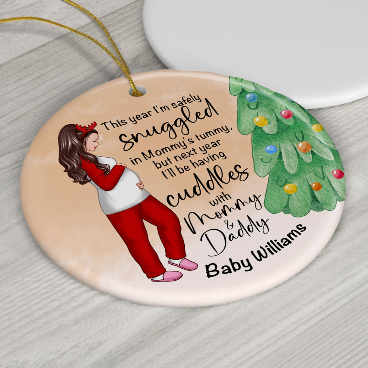 Bump Christmas, Pregnant Ornament, Snuggled in Mommy's Tummy, Personalized Circle Ceramic Ormament