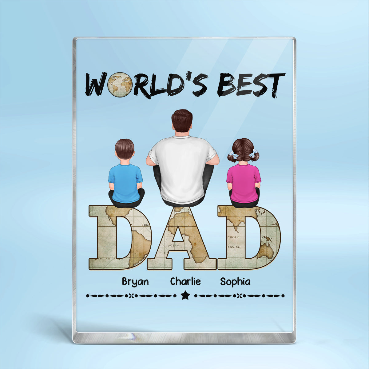 Dad And Kids Back View Sitting On World Map Text Personalized Rectangle Acrylic Block Plaque
