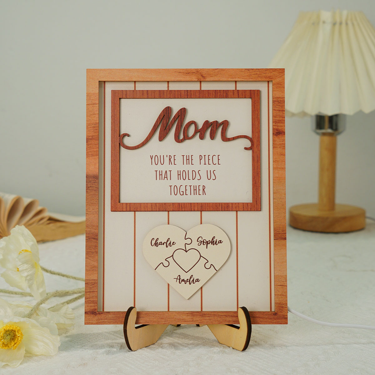 Mom You're The Piece that Holds Us Together Personalized 2-Layered Wooden Plaque with LED, Heartfelt Gift for Mom, Grandma