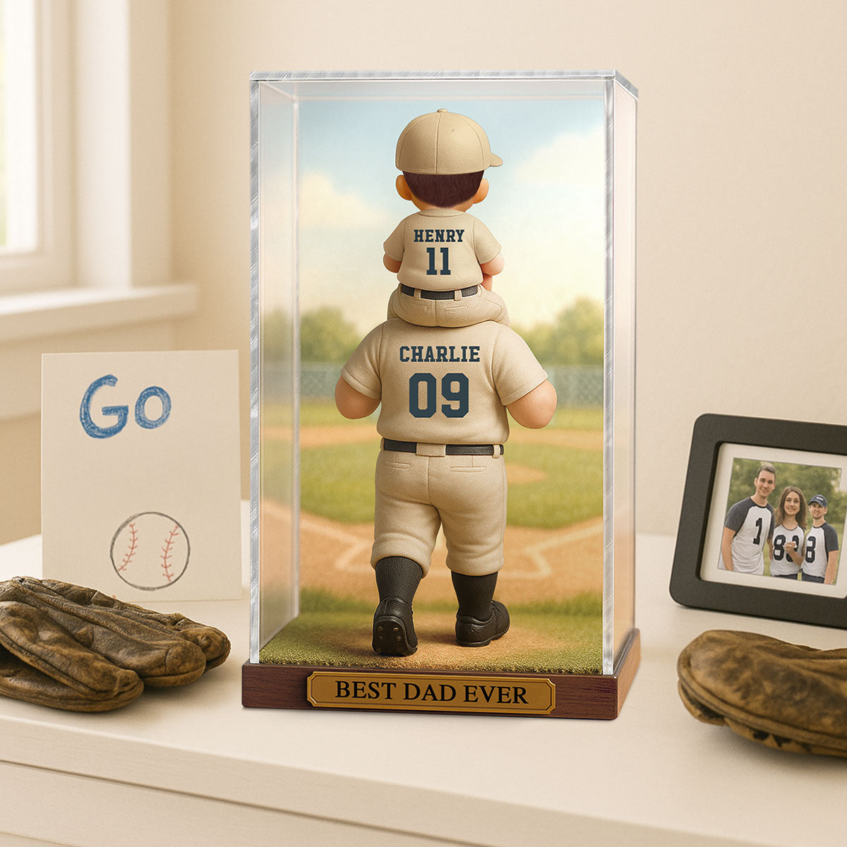 Baseball Dad & Kid In Display 3D Effect Personalized Acrylic Flat Block Plaque