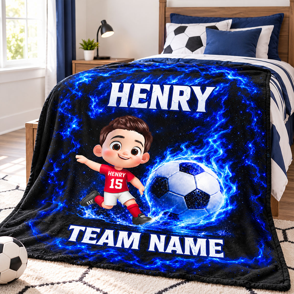 Cute Kid Soccer Player Custom Name And Team Name - Personalized Fleece Blanket - Christmas Gift For American Football Players, Grandson, Son, Daughter, Granddaughter